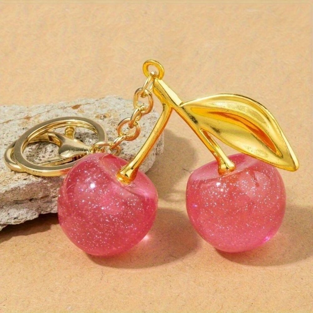 Pink "Sparkle Cherries”‎ Glass Purse Charm Keychain Key Fob (NEW & SUPER CUTE!)